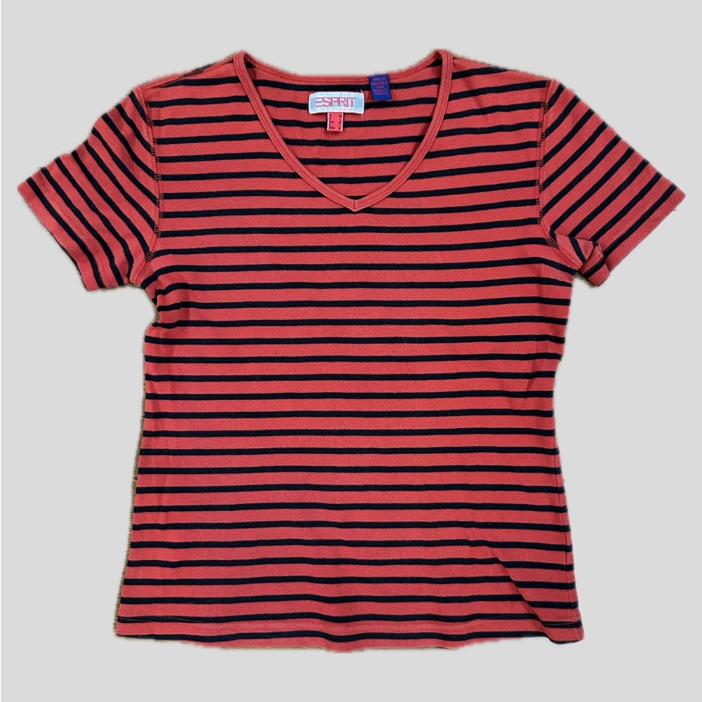 Vintage Esprit Red and Black Striped V-Neck Top